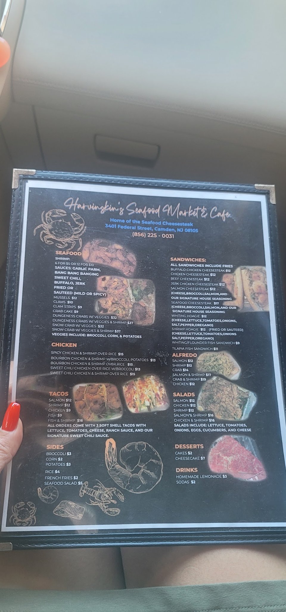 Printed menu featuring shrimp, wings, and tacos.