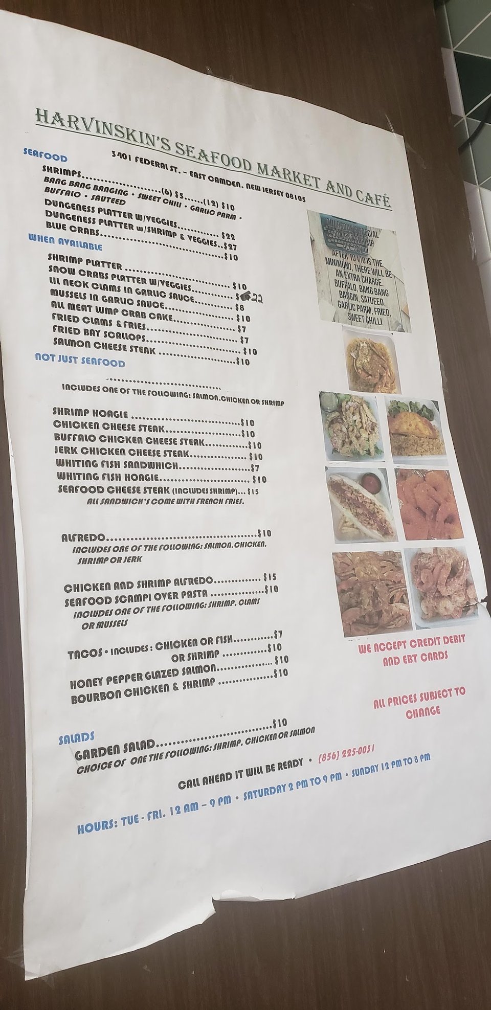 Sauces and seafood dishes listed on a menu.